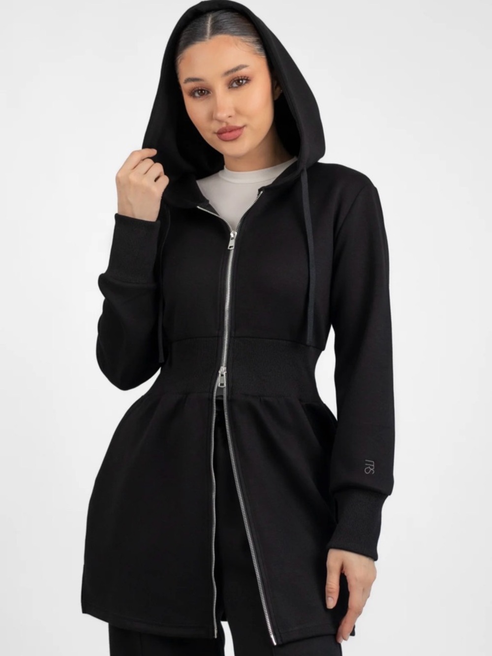 SHOP FARES Black Hooded Zip Jacket with Cinched Waist